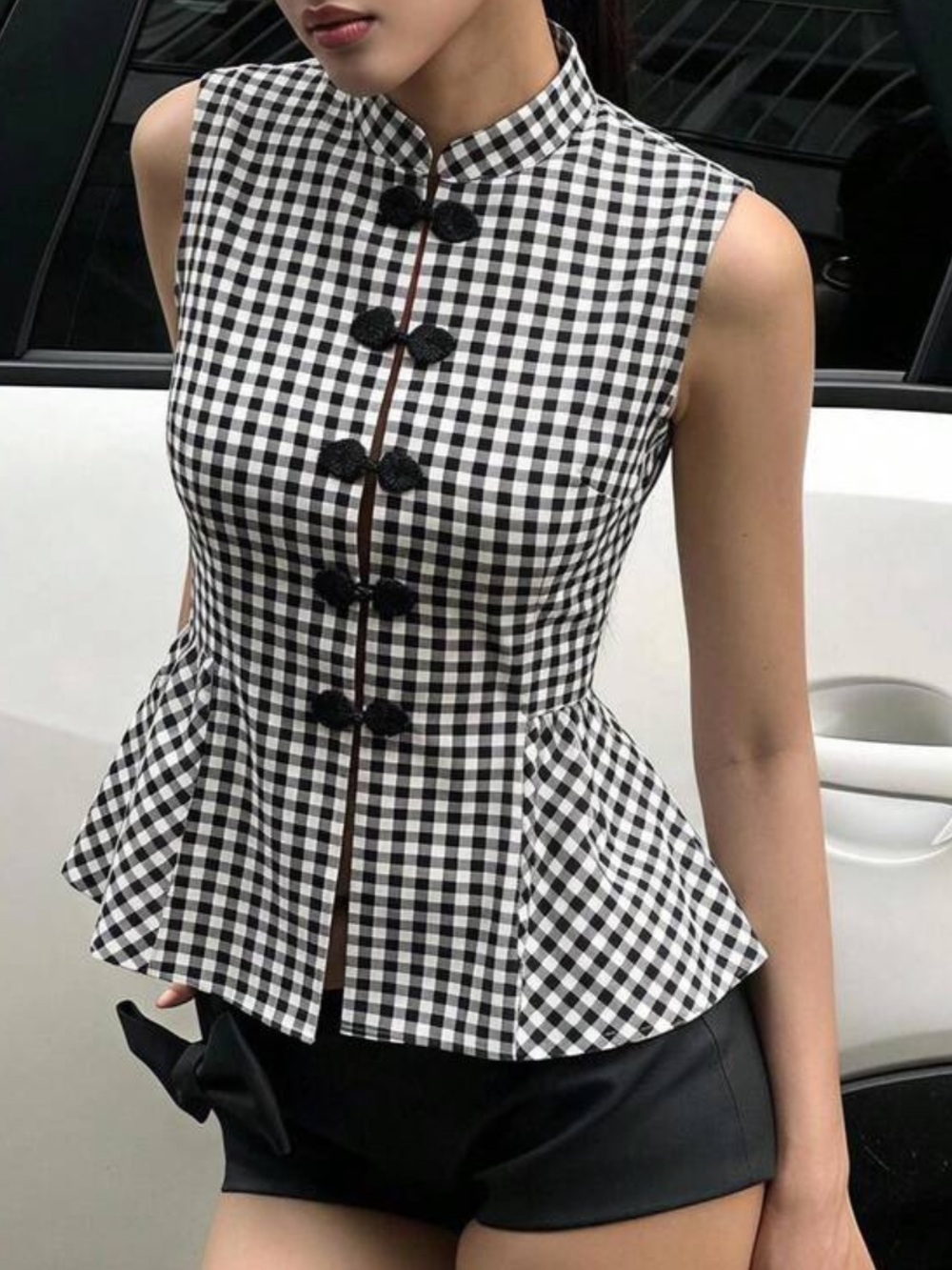 Classic Sleeveless Black & White Gingham Peplum Top Blouse Shirt